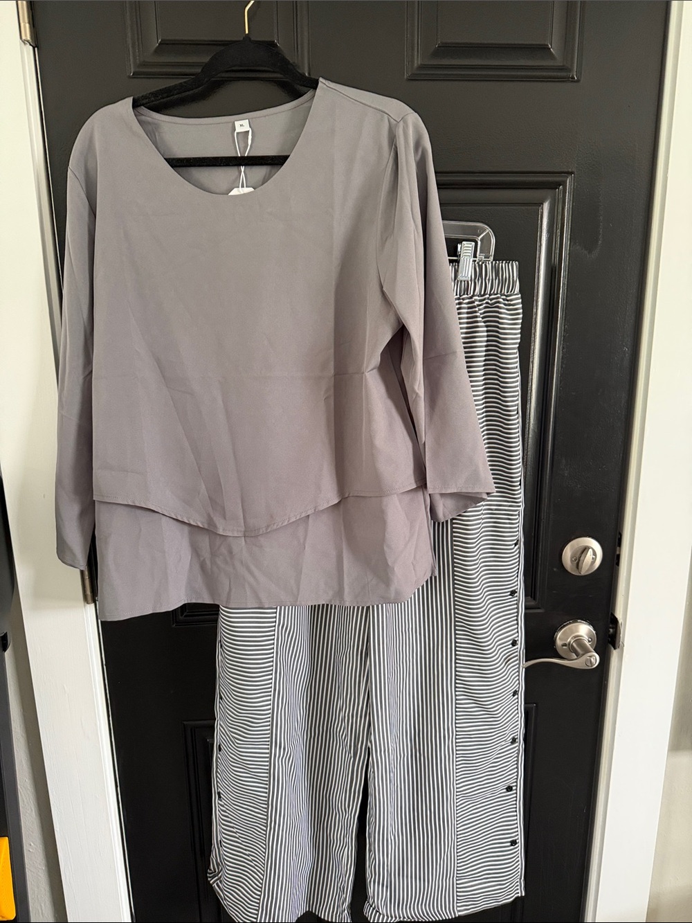 Gray Layered Blouse with Striped Wide-Leg Pants